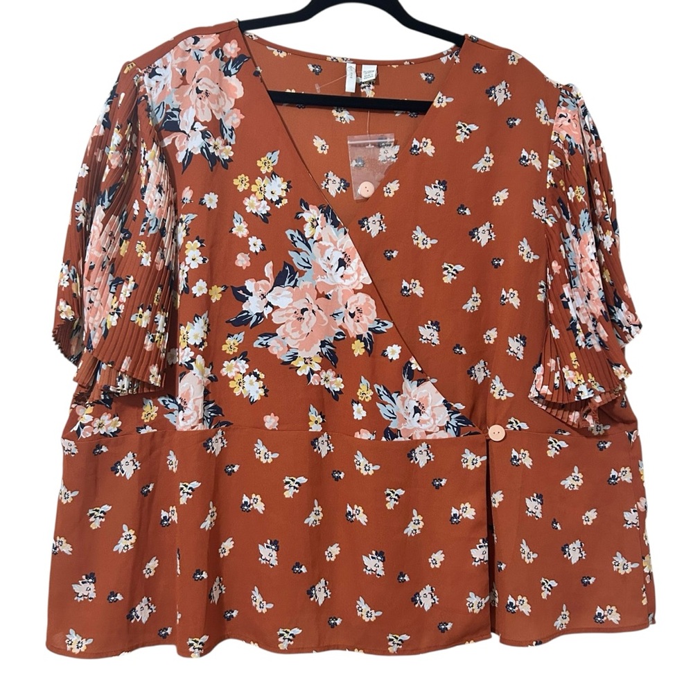 Cato Women's Blouse Size 26/28W Orange Floral Faux Wrap Pleated Sleeve Boho Fit
